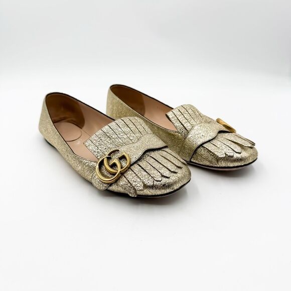 Gucci Marmont GG Gold Fringe Loafer Flats Metallic EU 38 US 8 - Picture 1 of 13